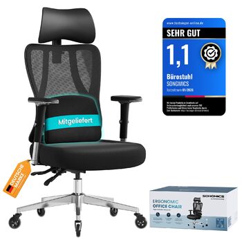 Ергономічне офісне крісло SONGMICS, стілець для столу, ігрове крісло, регульована поперекова опора, підголівник, підлокітники, підходить для різних розмірів тіла, вантажопідйомність до 150 кг, чорний колір OBN067BH01