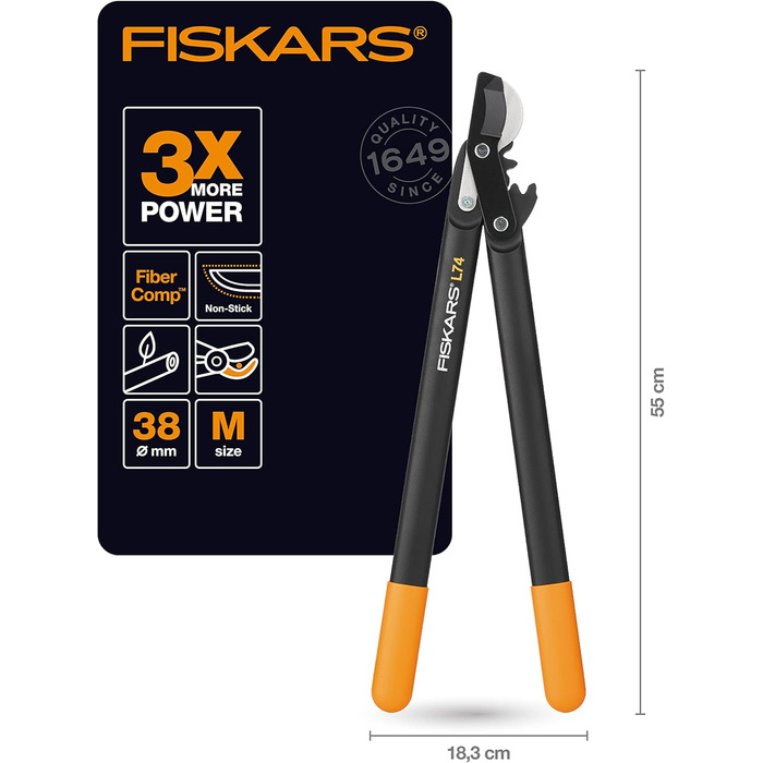 Садові секатори Fiskars PowerGear II з обвідним механізмом для свіжої деревини, з антипригарним покриттям, виготовлені з міцної інструментальної сталі, довжина 55 см, чорно-помаранчеві, L74, 1000582 L74 (діаметр гілок до 3,8 см)