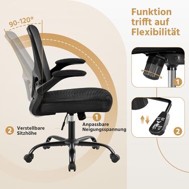 Офісне крісло Yaheetech з відкидними підлокітниками, робоче крісло з регульованою поперековою опорою, обертове крісло з сітки, ергономічне офісне крісло, функція гойдання, регульована висота, чорний колір