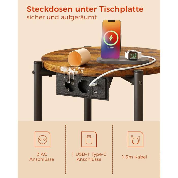 Круглий тумбовий набір з 2 шт. , бічний столик з розеткою, порт USB-C, маленький столик з дерева та металу, журнальний столик для дивана, стіл для вітальні, 2 полиці для спальні (вінтажний коричневий, 2 шт.)