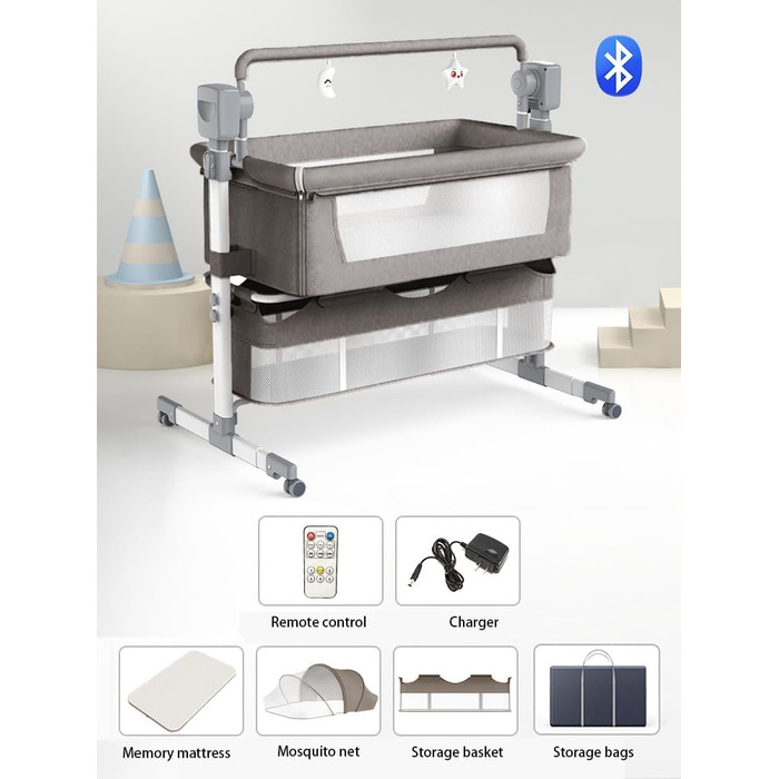 Складана дитяча тумбочка, багатофункціональне дитяче ліжко, дитяча колиска з регульованою висотою, дитяче дорожнє ліжечко з матрацом (601 світло-сірий)
