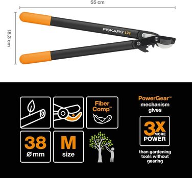 Садові секатори Fiskars PowerGear II з обвідним механізмом для свіжої деревини, з антипригарним покриттям, виготовлені з міцної інструментальної сталі, довжина 55 см, чорно-помаранчеві, L74, 1000582 L74 (діаметр гілок до 3,8 см)