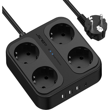 Розетка на кілька розеток, розетка JSVER на кілька розеток з 4 відділеннями, 3 розетки USB A і 1 розетка USB C з вимикачем, настін