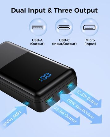 Портативний Power Bank USB C 30W Fast Charging Power Bank зі світлодіодним дисплеєм Зовнішня батарея мобільного телефону з 3 виходами та 2 входами для смартфонів, планшетів, AirPods тощо, 27000mAh
