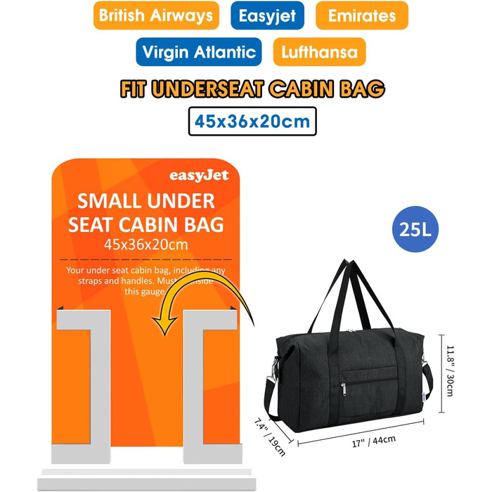 Складана дорожня сумка Narwey, ручна поклажа, сумка для вихідних для жінок та чоловіків, ручна поклажа Easyjet 45x36x20 см, мала дорожня сумка, ручна поклажа, ручна поклажа для літака, спортивна сумка 25 л (чорна) A-black 44 x 30 x 19 см