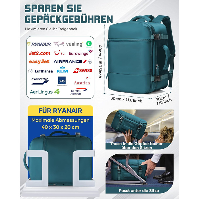 Рюкзак Suradar для ручної поклажі 40x30x20 см для Ryanair, Wizzair, малий рюкзак для ручної поклажі, літак, 24 л, дорожній рюкзак, сумка 40x30x20 см, рюкзак для ручної поклажі під сидінням для ноутбука 15,4 дюйма, колір павиного синього, F-pavion blue 40x
