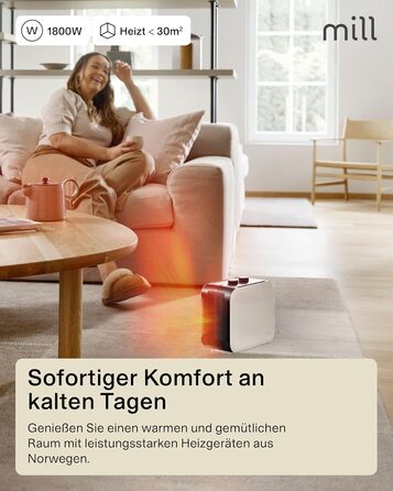 Керамічний вентилятор-обігрівач Mill, маленький та тихий, 1800 Вт, портативний обігрівач для приміщень площею 5-30 м, електричний обігрівач, електричне опалення, електричний обігрівач, пристрої для опалення приміщень, електричний радіатор - білий, 5-30 м