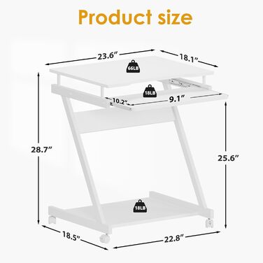 Невеликий комп&39ютерний стіл з 4 колесами (2 з гальмами), Z-подібний комп&39ютерний стіл з підставкою для клавіатури для дому та офісу, 60 x 48 см, білий, 60 x 48 x 73 см