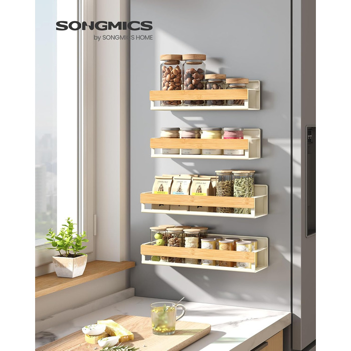 Магнітна полиця для спецій SONGMICS, набір з 4 шт. , 2 великі та 2 малі полиці, органайзер для спецій без свердління, магнітна полиця, для кухні, холодильника, мікрохвильової печі, пральної машини, кремово-білий-натуральний бежевий KCS062WD01 Кремово-біли