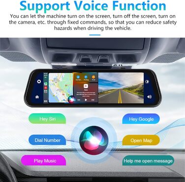 Дзеркальний відеореєстратор Podofo з бездротовим автопрогравачем, Android Auto з HD-камерою заднього виду 9,66-дюймовий IPS сенсор