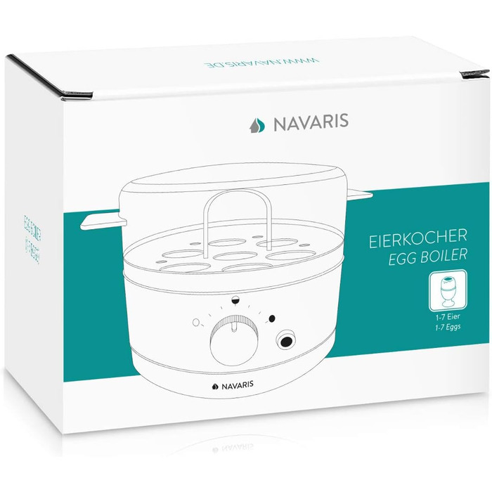 Яйцеварка Navaris на 1-7 яєць - вкл. мірну склянку для води з проколювачем для яєць - регульована твердість - 350 Вт - 22x17,5x14,