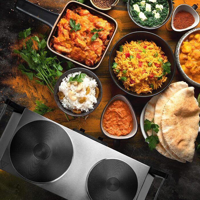 Варильна поверхня Duronic HP2 SS, Кемпінгова плита з 2 варильними поверхнями, Електрична варильна поверхня для кемпінгу, офісу або кухні, Подвійна варильна поверхня з плавним регулюванням температури, Подвійна варильна поверхня 2400 Вт Срібло