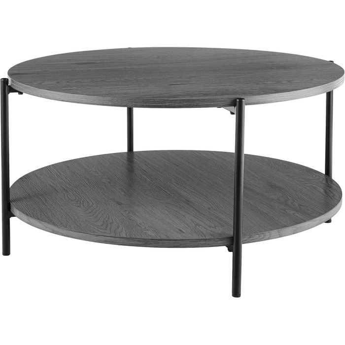 Круглий дерев&39яний журнальний столик CLP Edduma, диванний столик з 2 полицями та місцем для зберігання, невеликий бічний столик з чорним металевим каркасом, колір сірий, розмір Ø 80 см Ø 80 см сірий