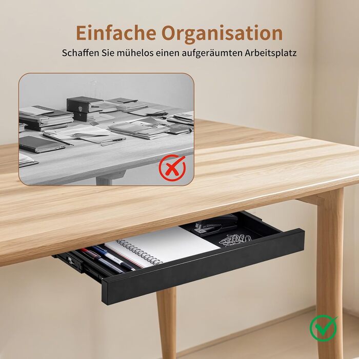 Прихована шухляда під столом місткий металевий ящик для зберігання, компактний дизайн, плавне та тихе ковзання, підходить для більшості столів (чорний)