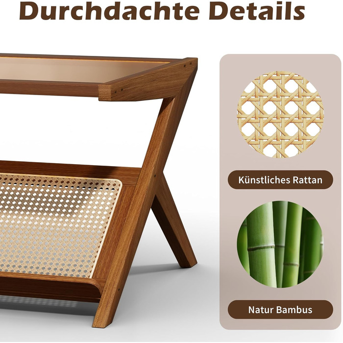 Скляний журнальний столик, 120 x 56 x 44 см, сучасний прямокутний журнальний столик, що підходить для вітальні, квартири та тераси, темний горіх