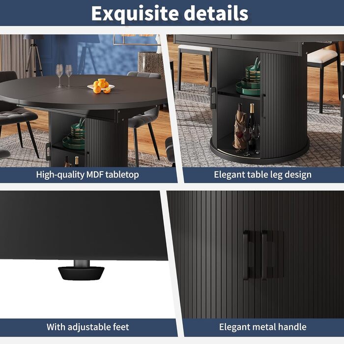 Розсувний обідній стіл, обідній стіл, кухонний стіл, розсувна стільниця, круглий обідній стіл, розкладний до овального, 118-158 см, вміщує до 6 осіб (чорний)