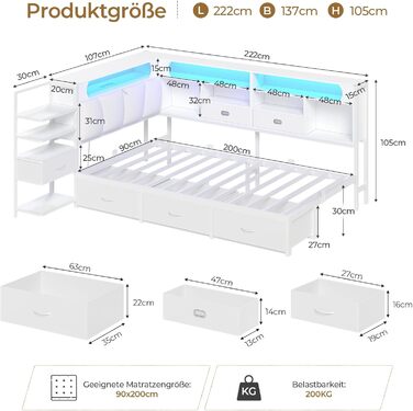 Дитяче ліжко DICTAC 90x200 з 6 шухлядами, світлодіодним освітленням та зарядною станцією Багатофункціональне ліжко з мяким узголівям, вбудованою тумбочкою та прихованим місцем для зберігання в узголівї (біле)