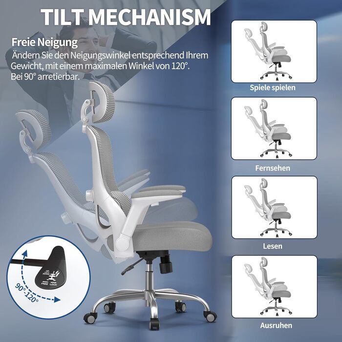 Ергономічне офісне крісло TRALT - Ігрове крісло з регульованим підголівником та поперековою опорою - Офісне крісло для дому - Комп&39ютерне крісло для високих людей - Сітчасте крісло, вантажопідйомність 150 кг, сірий колір