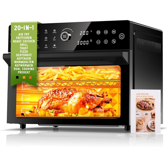 Міні-піч для фритюрниці XXL об'ємом 30 л зі світлодіодним сенсорним екраном, міні-піч з конвекцією з 20 програмами та двома режимами приготування, фритюрниця потужністю 1800 Вт без олії, таймер на 8 годин, книга рецептів, 7 насадок XXX-Large