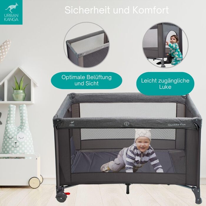 Дитяче ліжечко Urban Kanga QK Plus з регульованою висотою та пеленальний килимок, вкладиш для новонароджених, 60x120 см (сірий меланж)