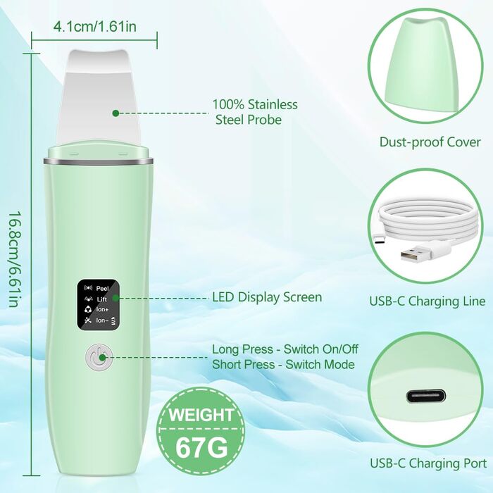 Скраб для шкіри ACWOO, пристрій для ультразвукового пілінгу для обличчя, ультразвуковий пристрій для обличчя для сяючої шкіри, лопатка для обличчя для видалення чорних крапок, засіб для очищення пір зелений