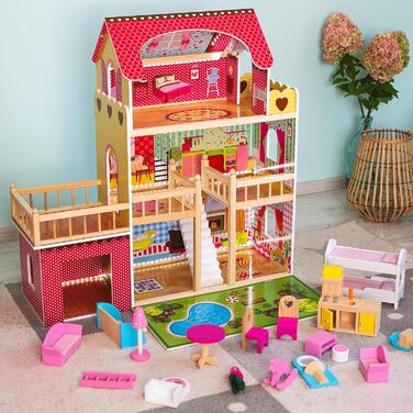 Дерев&39яний ляльковий будиночок Kinderplay Велика 3-поверхова вілла з гаражем та садом Світлодіодне освітлення, 17 предметів меблів Для дітей від 3 років, Ляльки до 30 см 90 см заввишки, Рожевий