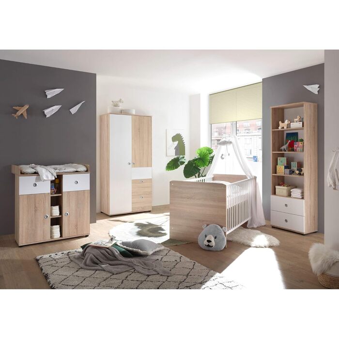 Безпечне дитяче ліжко WIKI зі спальним місцем 70 x 140 см - Гарне дитяче ліжечко для безпечного сну в кольорі Sonoma Oak Look, білий колір - 144 x 80 x 82 см (Ш/В/Г) 144Д x 82Ш x 80В см