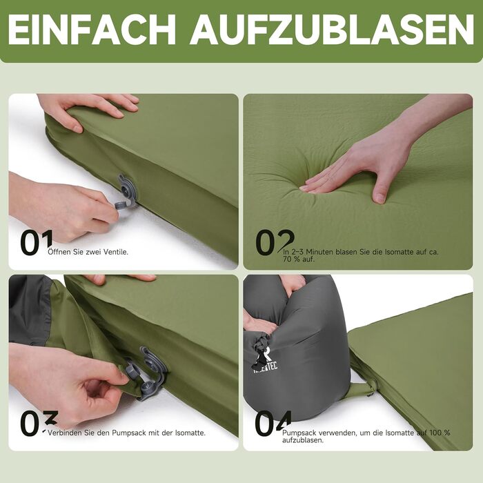 Самонадувальний килимок для сну OUTSKIRT, кемпінговий матрац товщиною 10 см з насосним мішком, коефіцієнт теплоізоляції 9,5, самонадувальний килимок для сну для намету, автомобіля, вантажівки або фургона, зелений, подвійний