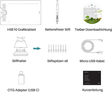 Графічний планшет HUION HS610 10x6,25 дюйма, з функцією натискання та нахилу пера 8192, 28 експрес-клавішами та 1 кільцем для дотику пальця, ідеальне використання для дистанційного навчання та конференції 10 x 6.25 дюймів