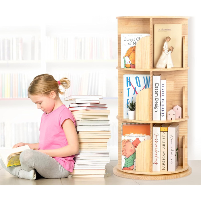 Обертова дитяча книжкова полиця OOOK з масиву дерева, 3-рівнева дитяча книжкова полиця з можливістю обертання на 360 градусів для дітей та дорослих, багатофункціональна дерев&39яна дитяча книжкова полиця для дитячої ігрової кімнати, 3 яруси