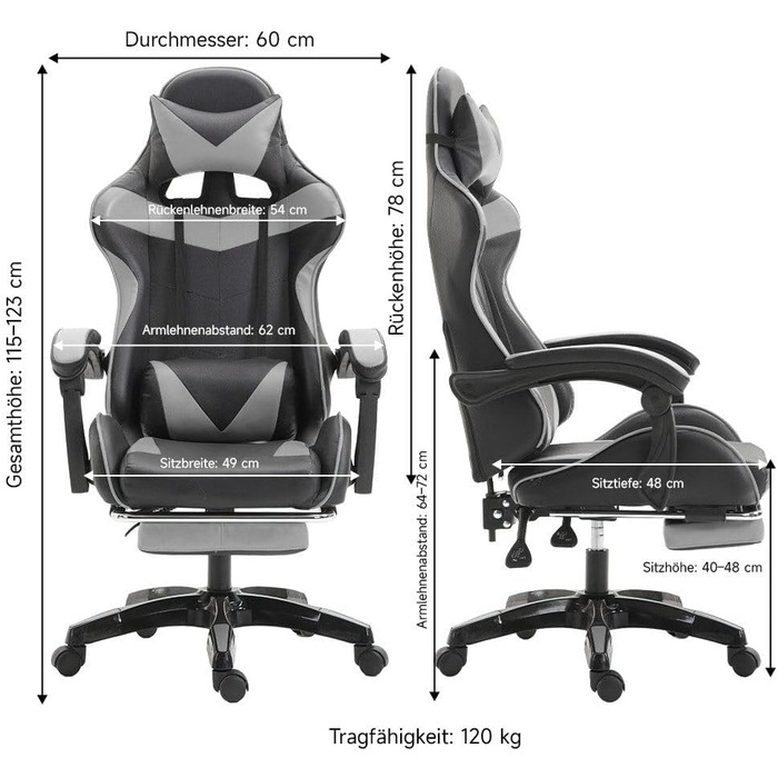 Ергономічне ігрове крісло, офісне крісло, регульоване по висоті, комп&39ютерне крісло зі штучної шкіри, з підголівником та поперековою опорою, поворот на 360 (сіре)