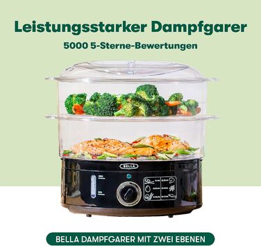 Дворівнева пароварка BELLA зі штабельованими кошиками та знімною основою для швидкого одночасного приготування їжі автоматичне вимкнення та захист від википання, 7 л, чорна дворівнева пароварка чорна