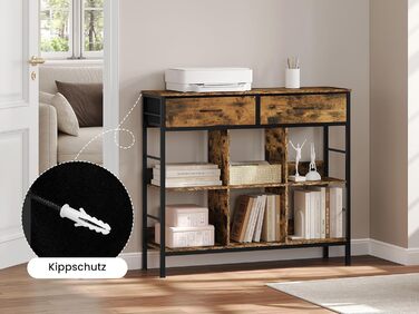 Полиця, книжкова шафа з 2 шухлядами, 6 відкритих відділень, окремостояча полиця з металевим каркасом, полиця для зберігання, для вітальні, кабінету, спальні, рустикальний коричневий, чорний вінтажний коричневий