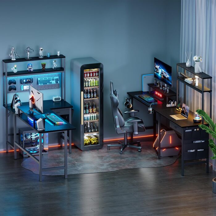 Ігровий стіл, кутовий стіл 150 x 100 см з 3 розетками та 2 USB-портами, двосторонній L-подібний ігровий стіл зі світлодіодним підсвічуванням, комп&39ютерний стіл з висувними ящиками та підставкою для монітора для ігор, домашній офіс, чорний 150 x 100 см