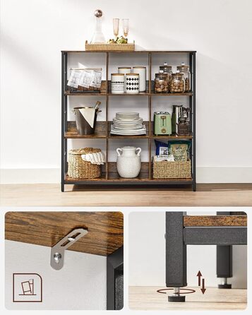 Рівнева полиця, книжкова шафа, окремостояча полиця з 9 відділеннями, для вітальні, спальні, кабінету, кухні, 30 x 100 x 103,1 см, вінтажний коричневий-чорнильний чорний LLS112B01 30Г x 100Ш x 103,1В см Вінтажний коричневий чорнильний чорний, 3-