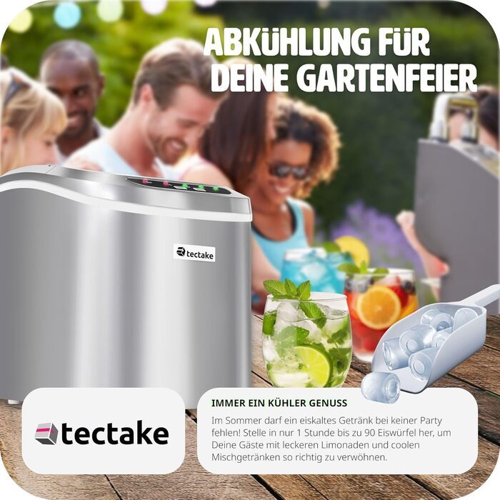 Машина для виробництва кубиків льоду tectake, 12-15 кг за 24 години, льодогенератор, 9 кубиків льоду за 5-13 хвилин, льодогенератор з резервуаром для води на 2,4 літра, льодогенератор, включаючи совок для льоду та відро для льоду, 2 розміри кубиків - сріб