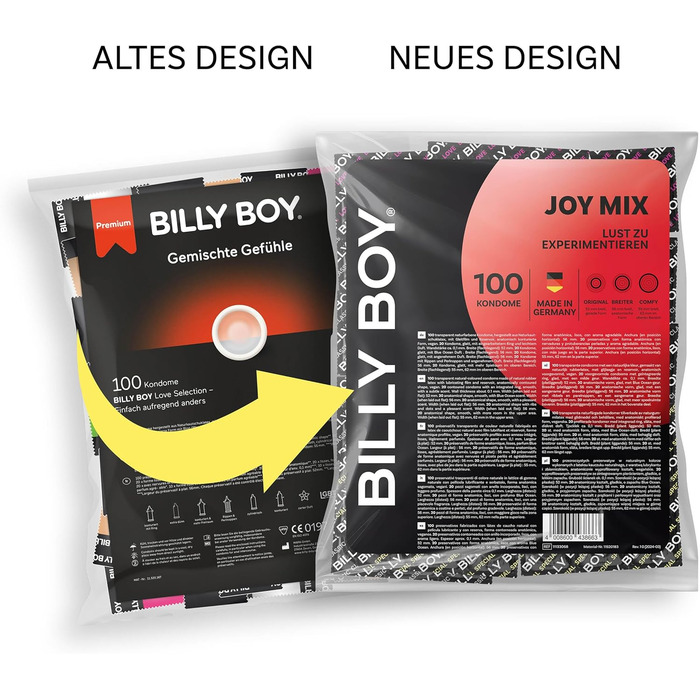 Презервативи BILLY BOY Joy Mix, 100 шт. 52 мм, 56 мм, 55 мм (62 мм зверху) 5 типів презервативів (1 x 100 шт. )