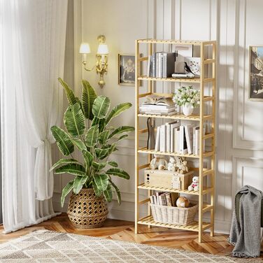 Рівнева книжкова полиця HITNET, полиця для ванної кімнати, висока окремостояча бамбукова полиця з регульованими полицями, полиця для дисплея та рослин для житлового простору, натуральний колір, 6-