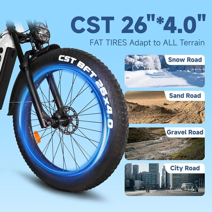 Електричний велосипед Lohang для дорослих, гірський велосипед 26 дюймів, акумулятор 52 В 19 Аг/21 Аг, запас ходу до 40/80/90 км, подвійні амортизатори, 7 передач, електричний велосипед для пляжу та снігу ES7-19 Аг-білий