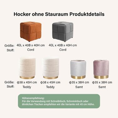 Пуф Zedelmaier Teddy, круглий м&39який табурет для туалетного столика, пуф для ніг з подушкою для сидіння, для вітальні, спальні та коридору, 38x45 бежевий табурет без місця для зберігання 38x45 бежевий Teddy