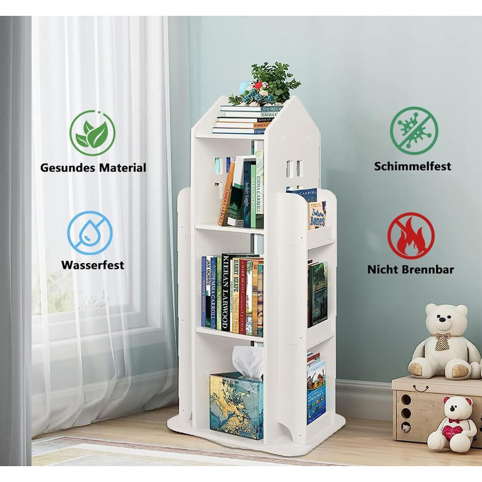 Рівнева обертова книжкова полиця для дітей, полиця, обертова полиця, біла, обертова книжкова полиця, підлогова полиця, дитяча книжкова полиця для спальні, вітальні, кабінету, 40x40x95 см, 3-