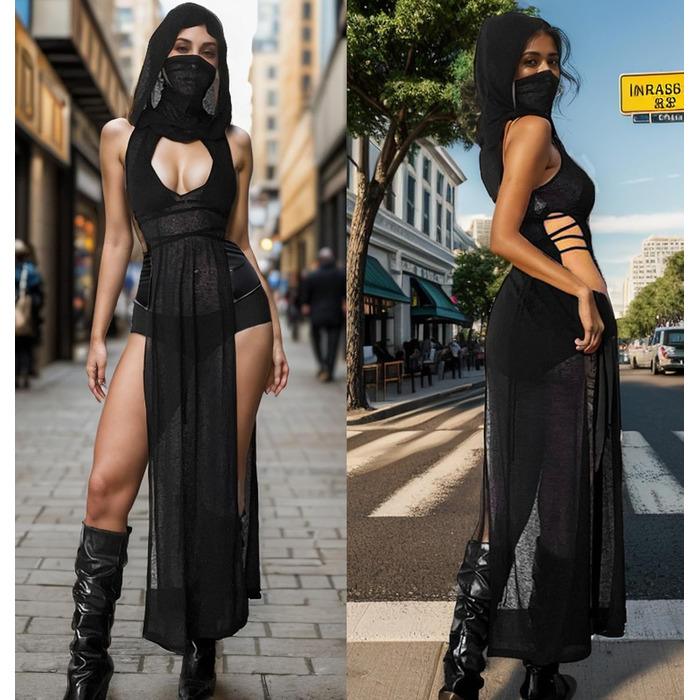 Жіноча сексуальна прозора готична сукня з капюшоном, коміром, без рукавів, костюм на Хелловін, EDM фестиваль, рейв-костюм, чорний колір, розмір M