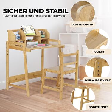 Регульована по висоті дитяча парта, дитяча парта зі стільцем, бамбукова дерев'яна парта, шкільна парта з полицею для зберігання кн