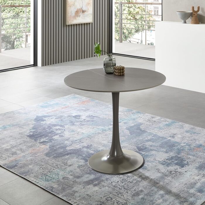 Круглий обідній стіл JOSH під мармур, сірий - Винятковий обідній стіл з металевим каркасом для кухні та їдальні - 90 x 75 x 90 см (Ш/В/Г)
