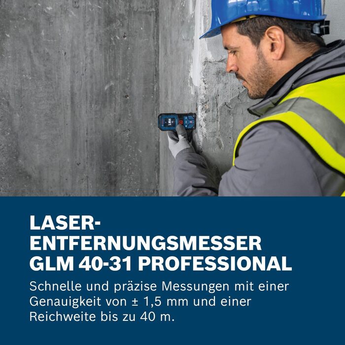 Лазерний далекомір Bosch Professional GLM 40-31 (IP 65, ударостійкий корпус, 7 режимів вимірювання, автообчислення довжини/площі/об'єму, яскравий кольоровий дисплей, сумісність з Li-Ion акумулятором)