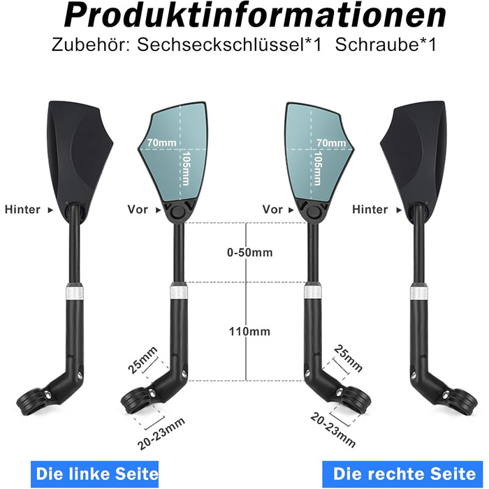 Велосипедні дзеркала, дзеркала заднього виду для велосипедів з висувною стійкою дзеркала, складні велосипедні дзеркала для керма 20-23 мм, дзеркала високої роздільної здатності для керма з поворотом на 360 (пара)