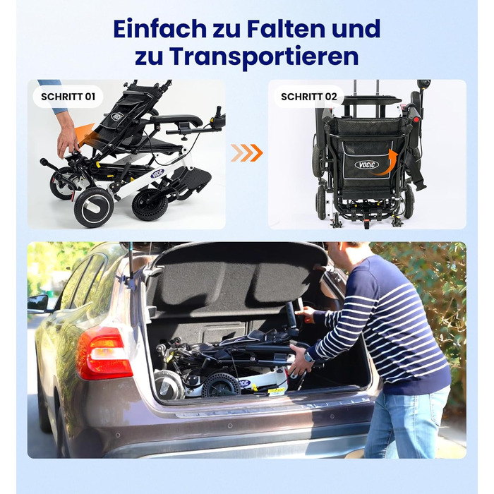 Електричне складне легке електричне інвалідне крісло VOCIC (21,5 кг), алюмінієве електричне інвалідне крісло діапазону 20 км для будь-якої місцевості, легко переносити, схвалено авіакомпанією Гарантія 5 років