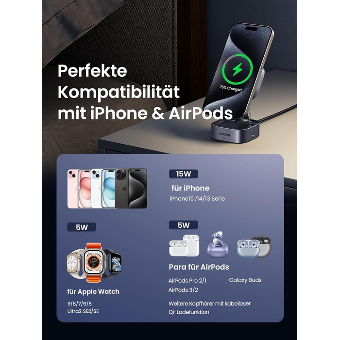 Сертифікована 15 Вт зарядна станція 2 в 1, сумісна зі складним бездротовим зарядним пристроєм MagSafe для iPhone 16/15/14/13, AirP