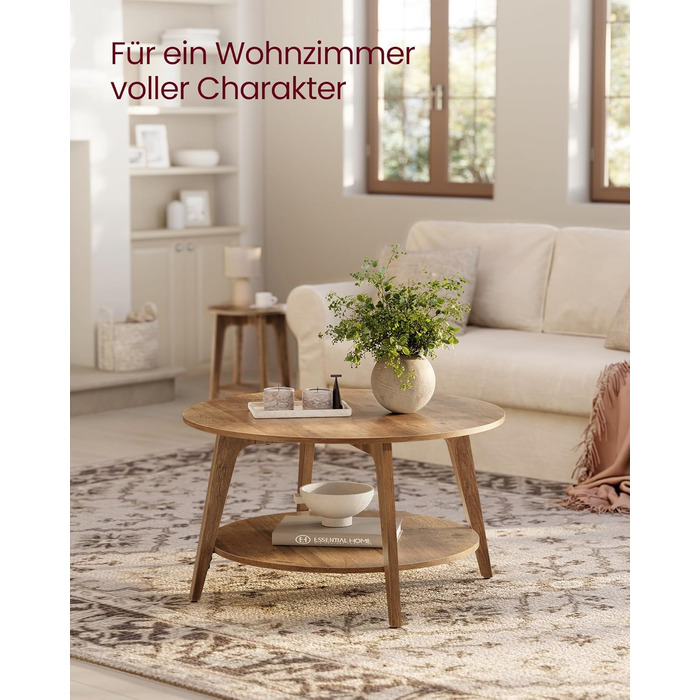 Круглий журнальний столик VASAGLE, 2-ярусний стіл для вітальні, діаметр 80 см, висота 45 см, легке складання, медово-коричневий LCT243K41