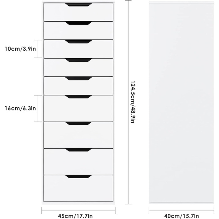 Білий комод з 9 шухлядами, вузький комод, високий комод для спальні, вітальні, офісу, коридору, 45 x 40 x 124 см